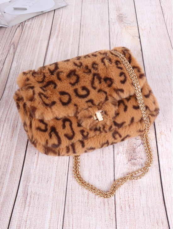 Leopard Print Plush Drawstring Purse